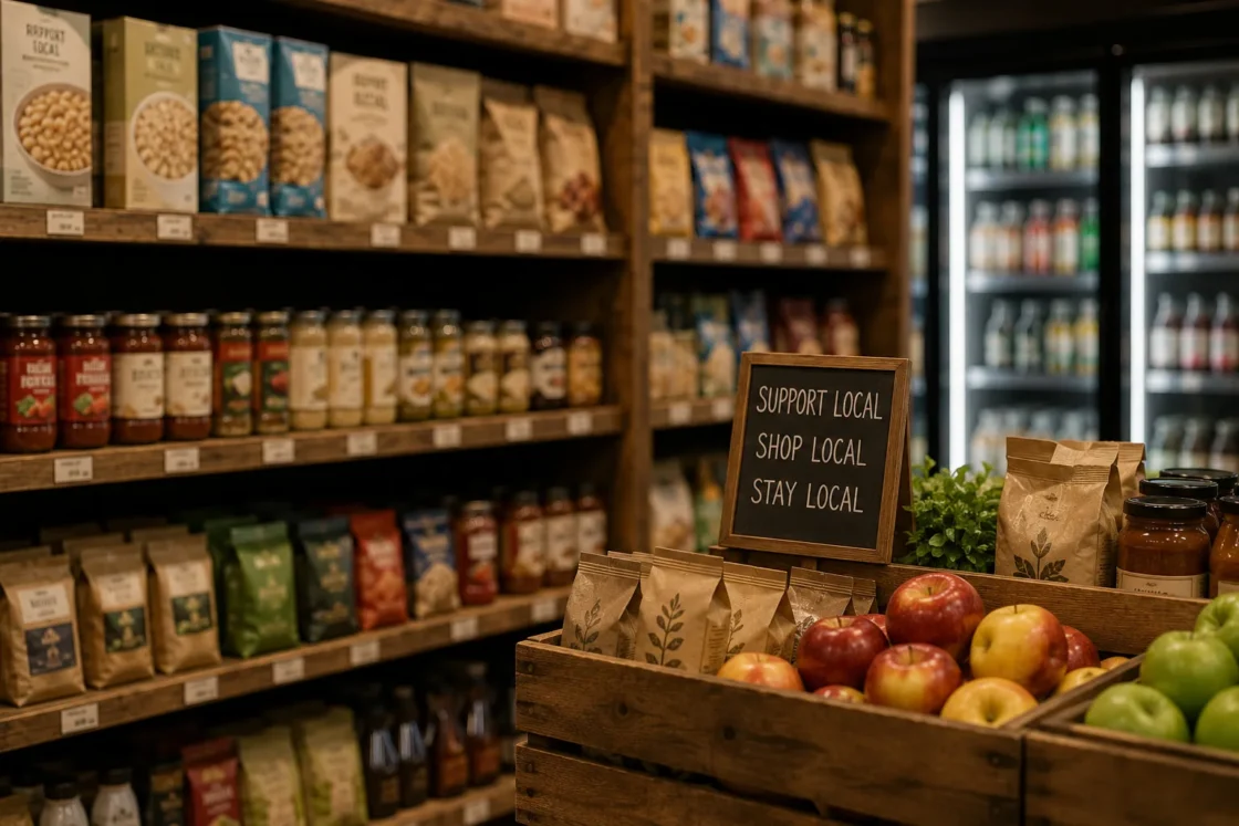 A specialty food store displaying locally-sourced products including fresh produce, packaged goods, and wholesale food items with support-local messaging for food distributors.