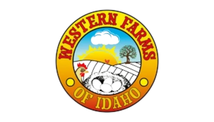 Western Farms of Idaho circular logo featuring farm landscape, livestock, and agricultural imagery for food supply distribution.