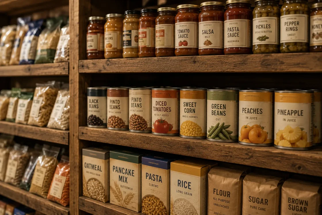 Organized wholesale food storage shelving displaying canned vegetables, sauces, beans, and dry goods for foodservice distribution and bulk supply.